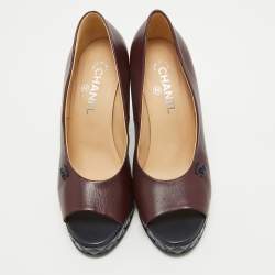 Pre Owned Chanel Burgundy Leather CC Open Toe Platform Pumps Size 40