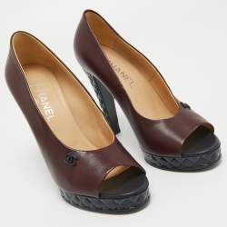 Pre Owned Chanel Burgundy Leather CC Open Toe Platform Pumps Size 40