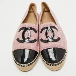 Pre Owned Chanel Pink/Black Tweed and Patent  CC Cap Toe Espadrilles Size 41