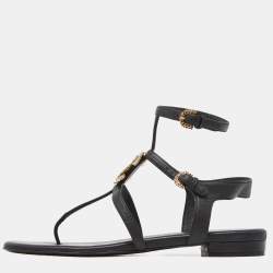 Pre Owned Chanel Black Leather CC Logo Gladiator Sandals Size 39