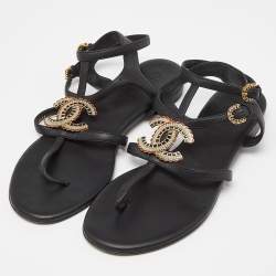 Pre Owned Chanel Black Leather CC Logo Gladiator Sandals Size 39
