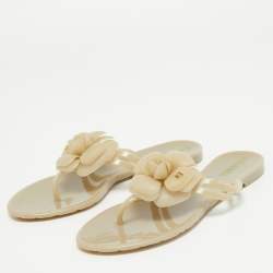 Pre Owned Chanel Beige Rubber CC Camelia Thong Flats Size 36