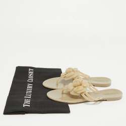 Pre Owned Chanel Beige Rubber CC Camelia Thong Flats Size 36