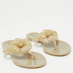 Pre Owned Chanel Beige Rubber CC Camelia Thong Flats Size 36