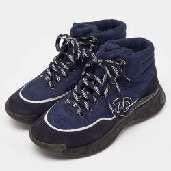 Pre Owned Chanel Navy Blue Nylon and Suede High Top Lace Up Sneakers Size 40