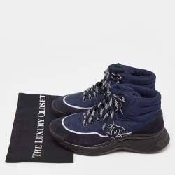 Pre Owned Chanel Navy Blue Nylon and Suede High Top Lace Up Sneakers Size 40