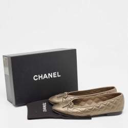 Chanel Metallic Quilted Leather Bow CC Cap Toe Ballet Flats Size 40
