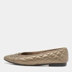 Chanel Metallic Quilted Leather Bow CC Cap Toe Ballet Flats Size 40