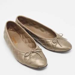 Chanel Metallic Quilted Leather Bow CC Cap Toe Ballet Flats Size 40