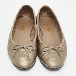 Chanel Metallic Quilted Leather Bow CC Cap Toe Ballet Flats Size 40
