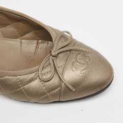 Chanel Metallic Quilted Leather Bow CC Cap Toe Ballet Flats Size 40
