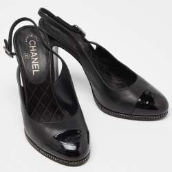 Chanel Black Patent and Leather CC Cap Toe Slingback Pumps Size 38.5