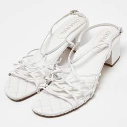 Pre Owned Chanel White Leather Slingback Sandals Size 39.5