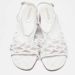 Pre Owned Chanel White Leather Slingback Sandals Size 39.5