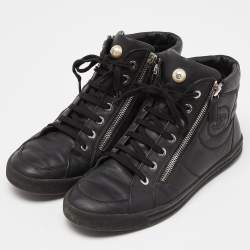 Chanel Black Leather CC Zip Link High Top Sneakers Size 39.5