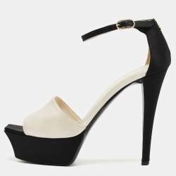 Chanel White/Black Satin Peep Toe  Sandals Size 39.5