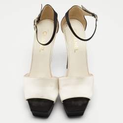 Chanel White/Black Satin Peep Toe  Sandals Size 39.5