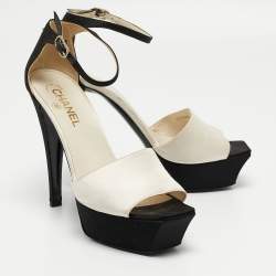 Chanel White/Black Satin Peep Toe  Sandals Size 39.5