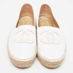 Chanel White Patent Leather CC Espadrille Flats Size 36