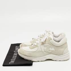 Pre Owned Chanel Grey/White Suede and Fabric CC Low Top Sneakers Size 36.5