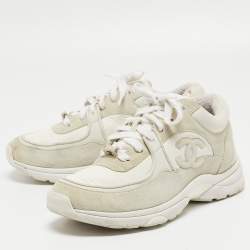 Pre Owned Chanel Grey/White Suede and Fabric CC Low Top Sneakers Size 36.5
