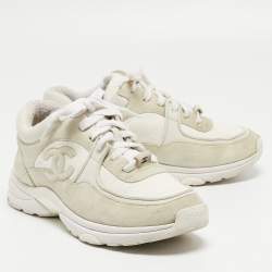 Pre Owned Chanel Grey/White Suede and Fabric CC Low Top Sneakers Size 36.5