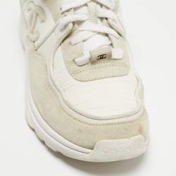 Pre Owned Chanel Grey/White Suede and Fabric CC Low Top Sneakers Size 36.5