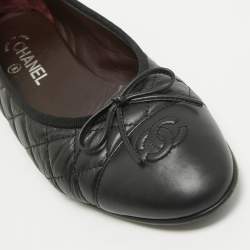 Pre Owned Chanel Black Quilted Leather Bow CC Cap Toe Ballet Flats Size 41