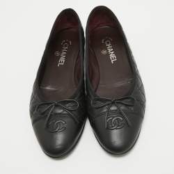 Pre Owned Chanel Black Quilted Leather Bow CC Cap Toe Ballet Flats Size 41