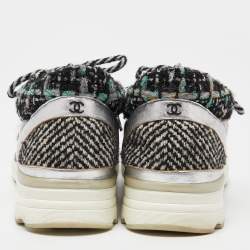 Pre Owned Chanel Grey/Black Tweed and  Leather Lace Up Sneakers Size 41