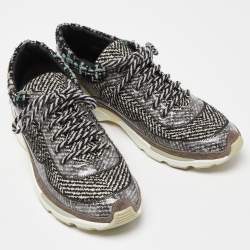 Pre Owned Chanel Grey/Black Tweed and  Leather Lace Up Sneakers Size 41