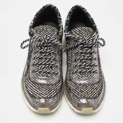 Pre Owned Chanel Grey/Black Tweed and  Leather Lace Up Sneakers Size 41