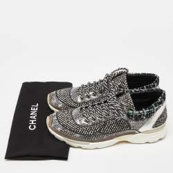 Pre Owned Chanel Grey/Black Tweed and  Leather Lace Up Sneakers Size 41