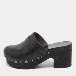 Chanel Black Leather Studded Platform Clogs Size 37
