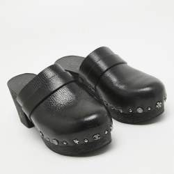 Chanel Black Leather Studded Platform Clogs Size 37