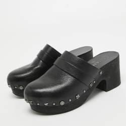 Chanel Black Leather Studded Platform Clogs Size 37