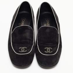 Pre Owned Chanel Black Suede CC Embellished Smoking Slippers Size 41