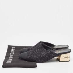 Chanel Black Tweed and Fabric Cap Toe Block Heel Mules Size 38