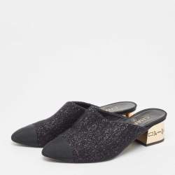 Chanel Black Tweed and Fabric Cap Toe Block Heel Mules Size 38