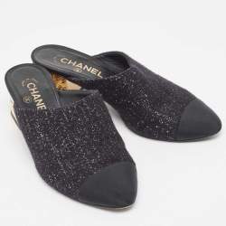 Chanel Black Tweed and Fabric Cap Toe Block Heel Mules Size 38