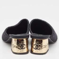 Chanel Black Tweed and Fabric Cap Toe Block Heel Mules Size 38