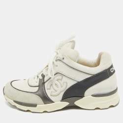 Pre Owned Chanel Tricolor Leather And Canvas CC Lace Up Sneakers Size 37