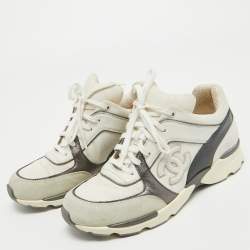 Pre Owned Chanel Tricolor Leather And Canvas CC Lace Up Sneakers Size 37