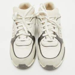 Pre Owned Chanel Tricolor Leather And Canvas CC Lace Up Sneakers Size 37