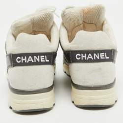 Pre Owned Chanel Tricolor Leather And Canvas CC Lace Up Sneakers Size 37