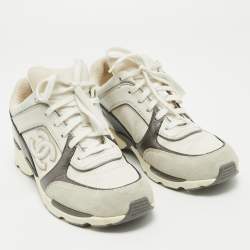 Pre Owned Chanel Tricolor Leather And Canvas CC Lace Up Sneakers Size 37