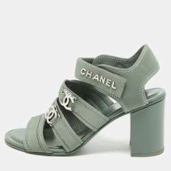 مملوكة مسبقًا Chanel Green Fabric CC Strappy Block Heel Sandals Size 37.5