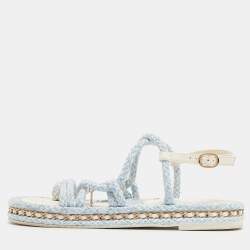 Chanel Blue/White Knit Fabric Interlocking CC Logo Slingback Sandals Size 42