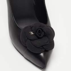 Pre Owned Chanel Black Leather CC Camellia Cap Toe Pumps Size 38