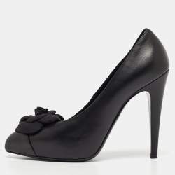 Pre Owned Chanel Black Leather CC Camellia Cap Toe Pumps Size 38